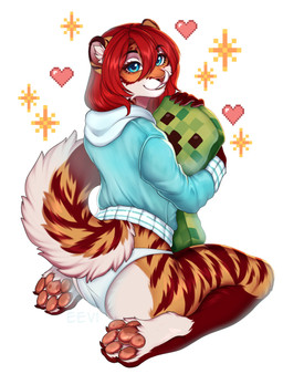 4_toes anthro butt clothing feet female fingers fur green_body hair holding_another hug looking_at_viewer panties pawpads red_hair simple_background sitting size_difference smile striped_body stripes sweater tail teeth toes topwear underwear creativeevil microsoft minecraft mojang xbox_game_studios eevi_(creativeevil) creeper_(minecraft) felid mammal pantherine tiger absurd_res digital_media_(artwork) hi_res