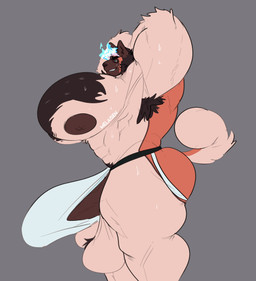 abs anthro arm_tuft armpit_hair balls barazoku big_muscles big_nipples big_pecs big_penis blue_clothing blue_underwear bodily_fluids body_hair brown_armpit_hair brown_body brown_ears brown_face brown_fur brown_hair brown_nipples brown_penis chest_hair clothed clothed_anthro clothed_male clothing countershade_fur countershading fur genitals grey_background hair hand_behind_back huge_muscles huge_nipples huge_pecs huge_penis hyper hyper_genitalia hyper_muscles hyper_pecs hyper_penis male male_anthro muscular muscular_anthro muscular_male nipples orange_body orange_fur orange_tail pecs penis pink_hair side_view simple_background solo sweat tail tan_balls tan_body tan_countershading tan_fur tan_tail teeth tenting tuft underwear melaisen bau_(melaisen) akita american_akita canid canine canis domestic_dog mammal spitz 2022 absurd_res digital_drawing_(artwork) digital_media_(artwork) hi_res portrait three-quarter_portrait