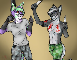 anthro blue_eyes bottomwear camo camo_bottomwear camo_clothing camo_pants camo_print clothed clothing duo fur green_hair green_markings grey_body grey_fur gun hair knife looking_at_viewer male markings military pants pattern_bottomwear pattern_clothing pattern_pants purple_body purple_fur ranged_weapon shotgun tail topless weapon xchiseaxmargaritax allengrad dante_allengrad canid canine canis domestic_dog fennec_fox fox husky mammal nordic_sled_dog siberian_husky spitz true_fox