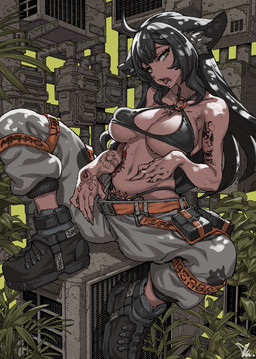 ahoge animal_ears arm_tattoo bangs belly belly_squish belly_tattoo belt big_breasts bikini bikini_bottom bikini_top black_bikini_bottom black_bikini_top black_boots black_clothing black_footwear bodily_fluids boots bottomwear bottomwear_pull breasts chest_tattoo clothing clothing_pull dark_hair eyebrows fangs female footwear hair hand_tattoo inner_ear_fluff light_body light_skin long_hair looking_at_viewer navel pants pants_pull plant pubic_tattoo raised_eyebrows shoes sitting solo squish sweat swimwear tattoo teasing teasing_viewer teeth tongue tongue_out topwear tuft two-piece_swimsuit undersized_clothing undersized_topwear white_bottomwear white_clothing white_pants yellow_belt ireading62 aznyan_(character) humanoid 2022 hi_res signature