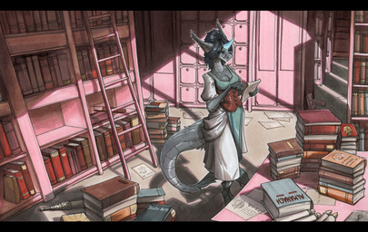 5_fingers anthro biped blue_horn book bookshelf breasts detailed_background eyewear female fingers fur furniture glasses grey_body grey_fur grey_scales horn inside library non-mammal_breasts scales scroll solo ewgengster death_note mythology dragon mythological_creature mythological_scalie scalie wingless_dragon 2026 absurd_res hi_res traditional_media_(artwork)