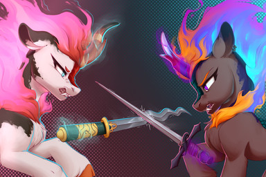 angry duo elemental_manipulation female feral fight fire fire_manipulation horn melee_weapon searing_ember sword weapon nika-rain hasbro my_little_pony mythology dragon equid equine kirin kirin_(mlp) mammal mythological_creature mythological_equine mythological_scalie nirik scalie unicorn 3:2 absurd_res hi_res