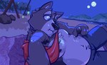 anthro barazoku biped blue_eyes cape claws clothed clothing finger_claws fingers frown gem gesture hand_gesture humanoid_hands looking_aside male moon musclegut muscular muscular_anthro muscular_male nervous night one_eye_closed outside pawpads plant pointing pointing_at_viewer shadow sitting solo topless topless_anthro topless_male tree sadness_hao adastra adastra_(series) echo_project amicus_(adastra) canid canine canis mammal wolf colored hi_res shaded
