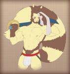 2017 abs absurd_res anthro anthrofied beard biceps blush bodily_fluids bulge clothed clothing digital_drawing_(artwork) digital_media_(artwork) english_text facial_hair front_view fur furret generation_2_pokemon hair hi_res holding_melee_weapon holding_object holding_sword holding_weapon jockstrap kiashigetsnasty long_tail male mammal markings melee_weapon mostly_nude muscular muscular_anthro muscular_male nintendo nipples pecs pink_nipples pokemon pokemon_(species) pokemorph portrait ring_(marking) ringed_tail solo striped_markings striped_tail stripes sweat sword tail tail_markings text three-quarter_portrait topless towel underwear weapon