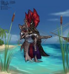 anthro arm_above_head bent_leg big_ears big_tail bite_mark black_body black_scales bottomwear captured carrying_another cattail_(plant) clothing cloud dominant dominant_male dripping duo eyes_closed facial_scar femboy fin fishing fur gold_(metal) gold_tooth grey_body grey_fur hand_on_back hand_on_leg hand_on_thigh island jewelry kick larger_male long_neck machine male male/male metal neck_tuft necklace net palm_tree pants partially_submerged pawpads pirate plant protogen_armor protogen_visor purple_bottomwear purple_clothing purple_pants raised_arm red_crest red_fins ring sand sash scales scar sea shark_tail ship size_difference sky smile splash splashing_water striped_body striped_fur stripes struggling tail tree tuft uncomfortable vehicle water watercraft wet komradjurij aniela_(komradjurij) sharkie_(loverwolfie) fish lizard marine protogen reptile scalie shark hi_res