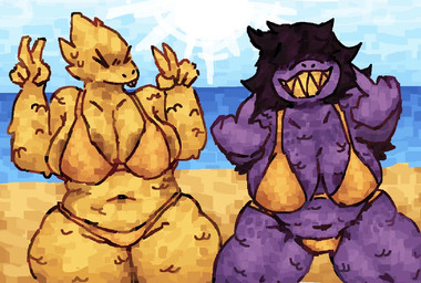 anthro areola beach belly big_areola big_belly bikini blue_sky bodily_fluids breasts buckteeth clothing cocky dark_hair day detailed_background duo embarrassed female flipping_viewer_off freckled_breasts freckled_legs freckled_thighs freckles front_view gesture gold_bikini hand_gesture looking_at_viewer narrowed_eyes obscured_eyes overweight purple_body purple_scales sand scales sky smile squint sun sweat swimwear teeth thick_thighs two-piece_swimsuit v_sign yellow_body yellow_scales yellow_teeth scaliescum deltarune golden_week undertale_(series) alphys susie_(deltarune)