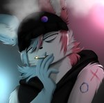 anthro beanie bisexual_pride_colors clothed clothing ear_piercing ear_ring fur hair hat headgear headwear hoodie lgbt_pride male multicolored_hair piercing pride_colors pride_pin ring_piercing simple_background smoke smoking solo topwear two_tone_hair bublijoestar nintendo pokemon caesar_(bublijoestar) fan_character fursona_(bublijoestar) canid canine eeveelution generation_6_pokemon mammal pokemon_(species) sylveon digital_media_(artwork) digital_painting_(artwork) hi_res icon painting_(artwork)