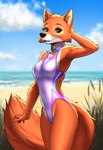 5_fingers anthro backless_clothing backless_swimsuit beach choker clothing cloud female fingers grass jewelry necklace one-piece_swimsuit open-back_swimsuit plant sand sea seaside side_cutout sky solo standing swimwear water mykegreywolf disney robin_hood_(disney) maid_marian canid canine fox mammal red_fox true_fox 2022 absurd_res hi_res portrait three-quarter_portrait watermark