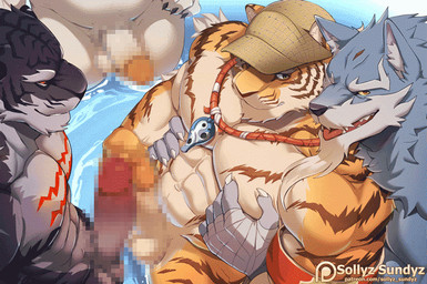 abs anthro balls bulge clothing erection frottage genitals hat headgear headwear high-angle_view humanoid_genitalia humanoid_penis looking_at_viewer looking_back male male/male muscular muscular_anthro muscular_male navel open_mouth patreon_logo penile penis penises_touching pubes sex smile standing text tongue tongue_out water sollyz patreon canid canine canis felid mammal pantherine tiger wolf 2020 animated censored mosaic_censorship no_sound url