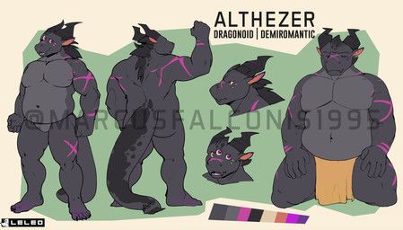 5_fingers 5_toes 7_eyes anthro belly black_horn bottomwear clothed clothing feet fingers horn loincloth loincloth_only male multi_eye muscular muscular_anthro muscular_male navel plantigrade purple_eyes scar sitting slightly_chubby solo tail toes topless leleo mythology dragon mythological_creature mythological_scalie scalie absurd_res distracting_watermark hi_res model_sheet watermark