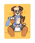 anthro black_nose blonde_hair blue_eyes blush brown_body brown_fur button_ears clean_diaper clothed clothing collar diaper floppy_ears fur hair leash looking_at_viewer male mottled mottled_body mottled_fur multicolored_body multicolored_fur offering_leash orange_body orange_fur piebald piebald_body piebald_fur simple_background sitting smile solo tan_body tan_fur wearing_diaper yellow_background cookiebandit casper_(cookiebandit) canid canine canis domestic_dog mammal 2024 colored hi_res