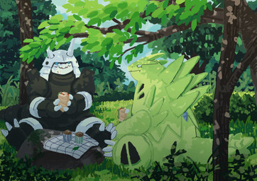 2_horns amazing_background ambiguous_gender anthro armored_body back_spikes black_body blue_eyes crumbs_on_face detailed_background duo eating eye_contact fangs food grass green_body head_spikes holding_food holding_object horn leaf looking_at_another muffin picnic picnic_blanket plant rock sandwich_(food) sitting spikes spikes_(anatomy) teeth tree hida_rite nintendo pokemon aggron generation_2_pokemon generation_3_pokemon pokemon_(species) tyranitar absurd_res detailed hi_res shaded