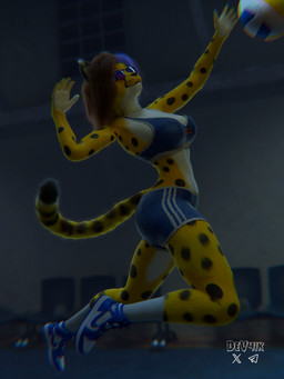 anthro athletic blue_clothing blue_eyes bra brown_hair clothing female gym hair jumping pose slim solo sport sports_bra sportswear underwear volleyball dev4ik eipril jordan_(brand) cheetah felid feline jaguar leopard mammal pantherine 3:4 3d_(artwork) absurd_res digital_media_(artwork) hi_res huge_filesize pinup
