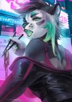 anthro black_hair breasts clothed clothing eyebrows eyelashes female green_eyes green_hair hair open_mouth solo teeth juliathedragoncat bear giant_panda mammal hi_res