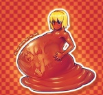 absorption_vore belly big_belly big_eyes blonde_hair breasts checkered checkered_background digestion duo female forced goo_transformation hair happy huge_belly hyper hyper_belly looking_pleasured melting not_furry nude outline pattern_background side_view simple_background slime text transformation translucent translucent_body vore modeseven ami_dixie aniece goo_creature goo_humanoid human humanoid mammal english_text orange_theme restricted_palette