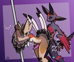 4_ears anthro arms_tied black_sclera bodily_fluids bound breath dominant dominant_male duo erection fluffy fluffy_chest from_behind_position fucked_silly fur genital_fluids genitals glowing glowing_markings green_eyes grey_body grey_fur heart_symbol holding_partner long_feathers long_tail looking_at_another looking_at_partner male male/male male_penetrated male_penetrating male_penetrating_male markings moan multi_ear panting penetration penis plap pole precum purple_eyes sex standing standing_sex submissive submissive_male tail tan_body tan_fur tapering_penis tied_to_pole winged_arms wings conditional_dnp lodi_(artist) pineapple_(character) avali avian 6:5 hi_res