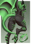 4_toes anthro anus big_breasts big_butt black_body black_nose black_sclera breasts butt ear_piercing ear_ring fangs feet female genitals gift green_anus green_eyes green_hair green_nipples green_pawpads green_pussy green_stripes green_wings hair looking_at_viewer looking_back looking_back_at_viewer mature_female membrane_(anatomy) membranous_wings nipple_piercing nipples pawpads paws piercing pose pussy ring_piercing snout solo spade_tail stripes tail teeth toes wings wooodies8 demon hybrid absurd_res hi_res