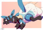 anthro blush clawing_at_ground clawing_floor claws clenched_teeth diaper feces finger_claws lying male messy on_front pooping print_diaper raised_tail soiled_diaper soiling soiling_diaper solo tail teeth unclean_diaper used_diaper steelshark nintendo pokemon generation_4_pokemon lucario pokemon_(species) absurd_res hi_res