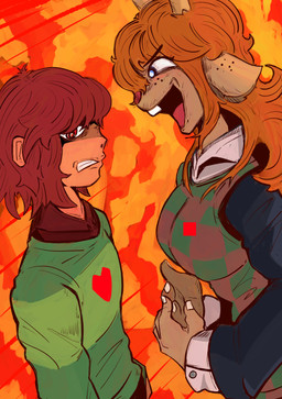 anthro antlers biped blonde_hair blue_eyes breasts brown_body brown_fur brown_hair buckteeth clenched_teeth clothed clothing detailed_background duo ears_down female forest_background freckled_ears freckled_face freckles frown fur hair horn insane laughing_at_another long_hair looking_at_another looking_away male outside pivoted_ears plant red_eyes scared short_hair smile smiling_at_another snowgrave tan_body tan_skin teeth tree yelling_at_another dutz_(artist) deltarune undertale_(series) kris_dreemurr noelle_holiday deer human mammal new_world_deer soul_(undertale) 2026 absurd_res digital_drawing_(artwork) digital_media_(artwork) english_description hi_res