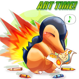 artist blue_body blue_fur daww drawing_(action) drawing_(object) eyes_closed feral fire flaming_hair flaming_mane fur holding_object holding_paper male marker markers musical_note musical_symbol paper pseudo_hair pseudo_mane solo speech_bubble symbol tan_body tan_fur text title felipotyphlosion nintendo pokemon cyndaquil generation_2_pokemon mammal pokemon_(species) 1:1 hi_res