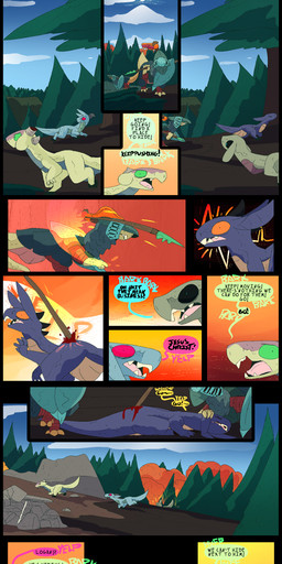 blood bodily_fluids chasing dialogue fantasy female feral javelin_(weapon) male text violence thepatchedragon dragonscape mythology logan_(thepatchedragon) maria_(thepatchedragon) sarah_(thepatchedragon) dinosaur dragon drekir mythological_creature mythological_scalie prehistoric_species reptile saurischian scalie theropod absurd_res comic english_text hi_res