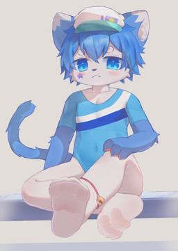 3_fingers anklet anthro bangs bell_anklet bench black_nose blue_bench blue_body blue_clothing blue_ears blue_eyes blue_fur blue_hair blue_leotard blush blush_lines cat_tail circle_eyebrows clothed clothing crossdressing crossed_legs cute_fangs dipstick_ears ear_markings embarrassed eyebrow_through_hair eyebrows fangs feet fingers foot_fetish foot_focus frown frowning_at_viewer fur hair inner_ear_fluff jewelry kemono legwear leotard looking_at_viewer male markings multicolored_ears on_bench pawpads paws pink_pawpads shy simple_background sitting sitting_on_bench sock_fetish solo star star_(marking) stockings teeth tights translucent translucent_clothing translucent_hair translucent_legwear translucent_stockings translucent_tights tuft white_background white_body white_ear_tips white_eyebrows white_fur white_inner_ear white_inner_ear_fluff young young_anthro young_male raining12138 domestic_cat felid feline felis mammal absurd_res hi_res