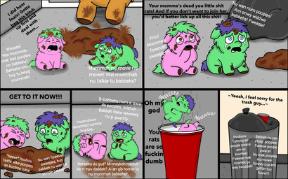 >_< abuse ambiguous_gender animal_abuse baby_talk bag bloated bodily_fluids brown_body brown_fur container crying cup disposable_cup duo_focus eating_feces eyes_closed feces feces_in_mouth feces_on_face feral force_feeding forced fur green_body green_fur green_hair green_tail group hair mostly_offscreen_character narrowed_eyes offscreen_character pink_body pink_fur profanity purple_hair purple_tail shocked sitting suffering tail tears text toony trapped trash_bag trash_can trio young young_ambiguous young_feral roadkill_(fc) fluffy_pony fluffy_pony_(species) mammal 16:10 2025 comic digital_media_(artwork) english_text hi_res widescreen