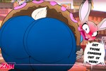 2024 anthro big_butt blush blushing_profusely bottomwear buckteeth butt butt_focus clothed clothing dessert dialogue disney doughnut ears_up english_text female food fur grey_body grey_fur hi_res huge_butt humor judy_hopps judy_stuck_in_donut_redraw lagomorph leporid looking_at_viewer looking_back mammal meme nightlyflare open_mouth pants pink_nose rabbit scut_tail short_tail solo speech_bubble stuck tail teeth text thick_thighs wide_hips yelling zootopia
