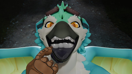 curling_toes eyewear eyewear_on_head feathered_wings feathers feet forest forest_background gesture goggles goggles_on_head hand_gesture mawplay mouth_shot open_mouth plant pointing solo toes tree viewed_from_above vore wings dyrmun coulias dyrmun_(character) avian bird 16:9 hi_res widescreen