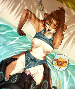 anthro areola bikini bodily_fluids breasts brown_body brown_fur brown_hair circle_eyebrows claws clothed clothing countershading cum cum_in_vagina cum_inside dripping dripping_wet duo ejaculation exposed_breasts eyebrows eyewear female freckled_face freckles fur genital_fluids genitals glasses green_eyes grey_body hair hand_in_hair highlights_(coloring) hip_grab holding_hips knot knotting male male/female markings membrane_(anatomy) multicolored_body multicolored_hair navel nipples pattern_bikini pattern_clothing pattern_swimwear penetration penis purple_penis raised_clothing raised_topwear red_highlights ring_(marking) ripples scales scutes sex_in_water short_hair striped_arms striped_bikini striped_body striped_clothing striped_fur striped_swimwear stripes swimming_pool swimwear teal_markings tentacles topwear touching_hair two-piece_swimsuit two_tone_hair vaginal vaginal_penetration vulva water water_drop webbed_hands wet wet_body wet_fur white_body white_fur pizhma thalassophilia_(zombiecowherd) neryth_(zombiecowherd) riley_delmare aquatic cephalopod coleoid hybrid mammal mollusk mustelid octopodiform octopus otter reptile river_otter scalie snake absurd_res hi_res