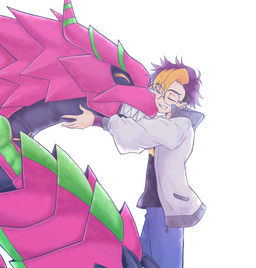 anthro claws duo ear_piercing eyes_closed eyewear glasses hair hug male multicolored_hair piercing pink_body round_glasses sharp_teeth short_hair simple_background smile teeth wearing_glasses white_background 74m6dg bandai_namco digimon digimon_beatbreak tomoro_tenma armalizamon digimon_(species) human mammal scalie hi_res