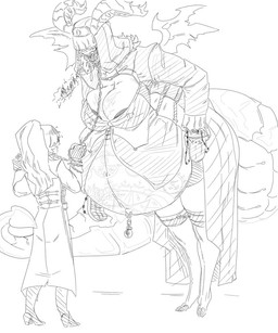 belly big_belly big_breasts breasts chain duo female horn overweight grindaviking demon human mammal 2019 5:6 hi_res monochrome