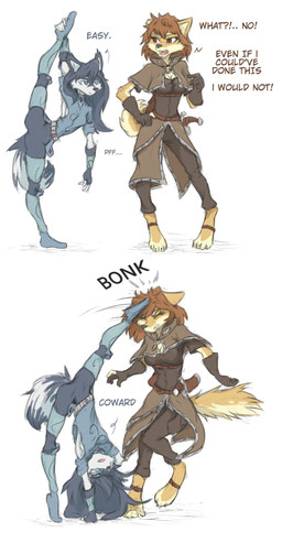 4_toes 5_fingers anthro arm_support barefoot black_nose blue_eyes breasts brown_eyes brown_hair cheek_tuft claws cleavage clothed clothing cut_ear dialogue digitigrade duo ear_tuft eyelashes eyes_closed facial_tuft feet female fingerless_gloves fingers flexible fur gesture gloves grey_body grey_fur grey_hair hair hand_gesture hand_on_foot hand_on_hip handwear jewelry kick long_hair looking_at_another melee_weapon messy_hair motion_lines multicolored_body multicolored_fur necklace one_leg_up open_mouth orange_body orange_fur plantigrade pointing raised_leg scabbard shirt side_boob simple_background sound_effects splits spread_legs spread_toes spreading standing sword teeth text toes tongue topwear tuft two_tone_body two_tone_fur vertical_splits vertical_standing_split weapon white_background white_body white_eyelashes white_fur yellow_body yellow_fur tinygaypirate aedsin_(tinygaypirate) anya_(tinygaypirate) canid canine canis domestic_dog mammal shiba_inu spitz absurd_res english_text hi_res
