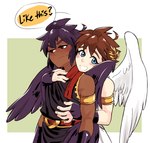 annoyed armwear black_hair blush brown_hair clothing dark_body dark_skin dialogue duo feathered_wings feathers hair humanoid_on_humanoid light_body light_skin looking_at_viewer male male/male not_furry simple_background speech_bubble text wings soft_sizzle kid_icarus nintendo dark_pit pit_(kid_icarus) angel humanoid winged_humanoid english_text