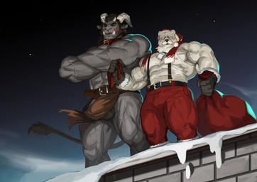 5_fingers abs anthro balls beard belt bottomwear bulge christmas_clothing christmas_headwear clothing collar crossed_arms duo eyewear facial_hair fingers fur genitals glasses grey_body grey_fur hat headgear headwear holding_leash holding_object holding_sack holidays horn leash leashed_collar loincloth low-angle_view male muscular muscular_anthro muscular_male outside pants pecs red_bottomwear red_clothing red_pants round_glasses santa_hat shirtless sky snow standing suspenders tail tight_clothing tongue tongue_out underbite vein veiny_muscles white_body white_fur traver009 christmas krampus santa_claus bear bovid caprine caprine_demon demon goat_demon mammal polar_bear ursine 2025 absurd_res digital_media_(artwork) hi_res