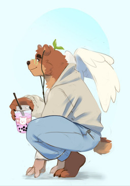 anthro clothed clothing eyewear fingers fur glasses looking_at_viewer male simple_background smile solo tail wings tem1tem kotyess bear mammal digital_media_(artwork) hi_res