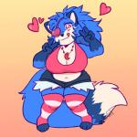 1:1 2019 :3 anthro beads belly big_breasts biped blue_body blue_fur blue_hair blue_tail bottomwear breasts canid canine clothed clothing countershading crazybear crop_top curvy_figure digital_media_(artwork) eye_patch eyelashes eyewear female fox front_view fur gesture glistening_heart hair hand_gesture heart_eye_patch heart_symbol hearts_around_body hearts_around_head hi_res jewelry lazuli_(doggod.va) legwear magatama mammal midriff navel necklace pattern_clothing pattern_legwear purple_eyes shirt shorts slightly_chubby solo standing striped_clothing striped_legwear stripes tail thick_thighs tongue tongue_out topwear v_sign voluptuous white_body white_fur white_tail wide_hips yellow_eyes