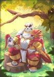 anthro armor cute_fangs detailed_background fangs fur kemono male outside overweight overweight_anthro overweight_male plant sitting solo teeth tree weapon white_body white_fur aotoaka bear mammal 2021 absurd_res hi_res