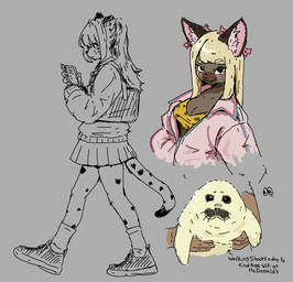 accessory alternative_fashion ambiguous_gender anthro biped black_text blonde_hair bottomwear bow_ribbon brown_body clothed clothed_anthro clothing duo electronics eyes_emoji female feral footwear gyaru hair hair_accessory hair_bow hair_ribbon handbag holding_feral holding_object holding_other holding_phone j-fashion jacket looking_at_object looking_at_phone looking_at_viewer markings phone pink_clothing pink_inner_ear pink_jacket pink_topwear ribbons shoes skirt solo spots spotted_markings spotted_tail tail tail_markings text topwear walking tomotiso2k domestic_cat felid feline felis mammal marine pinniped seal english_text multiple_images