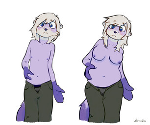 5_fingers age_difference anthro belly biped black_bottomwear black_clothing black_underwear blonde_hair bottomwear breasts clothed clothing female fingers fluffy_fur fur green_bottomwear green_clothing green_pants hair light_body light_fur long_hair medium_breasts multicolored_body multicolored_fur overweight overweight_anthro overweight_female pants partially_clothed past_meets_present purple_body purple_fur simple_background slightly_chubby slightly_chubby_anthro square_crossover standing tail underwear weight_difference white_background white_body white_fur borealhao lamapola vinea_(lamapola) domestic_ferret mammal mustelid musteline true_musteline weasel 2026 digital_media_(artwork) hi_res shaded signature