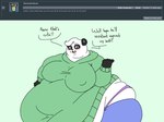 2018 4:3 5_fingers anthro ask_blog batspid2 bear belly big_belly big_breasts black_body black_claws black_ears black_fur black_nose blue_bottomwear blue_clothing blush blush_lines bottomwear breasts claws clothing dialogue digital_drawing_(artwork) digital_media_(artwork) double_chin english_text exclamation_point eyebrows eyelashes facial_markings female fingers flat_colors front_view fur giant_panda glistening glistening_eyes glistening_nose green_background green_clothing green_eyes green_topwear hair head_markings hoodie huge_belly huge_breasts huge_hips hyper hyper_breasts looking_at_viewer love_handles mammal markings mask_(marking) morbidly_obese morbidly_obese_anthro morbidly_obese_female multicolored_body multicolored_fur nipple_outline obese obese_anthro obese_female open_mouth overweight overweight_anthro overweight_female pants pink_blush pink_clothing pink_tongue pink_underwear question simple_background sofia_(batspid2) solo text three-quarter_view tight_clothing tongue topwear two_tone_body two_tone_fur underwear white_body white_fur white_hair wide_hips