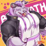 blush bodily_fluids candy clothing dessert drooling food fur hair hoodie horn male muscular muscular_male pecs purple_hair saliva text tongue topwear white_body white_fur byowt lifewonders tokyo_afterschool_summoners behemoth_(tas) monster 2019 english_text hi_res