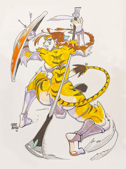 armor big_butt bottomwear braided_hair butt clothed clothing curvy_figure female hair loincloth melee_weapon plantigrade polearm shield skimpy solo thick_thighs unconvincing_armor voluptuous weapon wide_hips kenno_arkkan tyla_(jesonite) felid humanoid mammal pantherine tiger 2022 absurd_res hi_res marker_(artwork) traditional_media_(artwork)