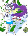 blonde_hair blue_eyes cape clothing coin fangs female hair hat headgear headwear heterochromia horn money not_furry red_eyes smile solo teeth the-chinad011-house saltybet salt-chan demon humanoid hi_res