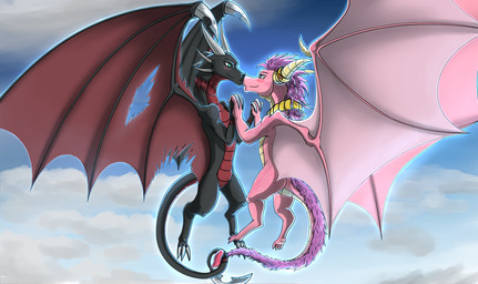 blue_eyes blush claws duo female female/female feral flying green_eyes horn membrane_(anatomy) membranous_wings nose_to_nose smile tail wings roxasfin activision mythology spyro_the_dragon cynder ember_(spyro) dragon mythological_creature mythological_scalie scalie