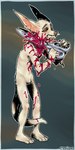 anthro big_ears blood_on_arm blood_on_chest candy_gore decapitation fangs featureless_crotch fur gore inner_ear_fluff male mouth_closed narrowed_eyes nude orange_eyes pink_inner_ear_fluff sad self-harm simple_background solo standing teeth tuft white_body white_fur wounded 0ct0m0n0 canid mammal