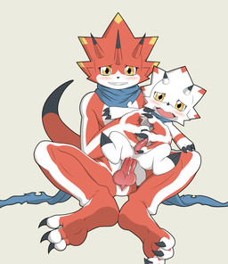 anal anthro blush claws cloacal_penis duo erection genitals horn knot male male/male male_penetrated male_penetrating male_penetrating_male penetration penis red_body sex size_difference smaller_penetrated white_body yellow_eyes tmdduq6918 bandai_namco digimon betelgammamon digimon_(species) gammamon scalie hi_res brother_(lore) brothers_(lore) incest_(lore) sibling_(lore)