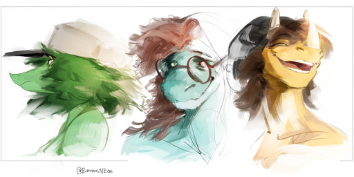 anthro biped blue_body blue_eyes brown_hair clothing eyewear facial_horn female front_view frown glasses green_body green_hair group hair happy hat headgear headwear horn laugh long_hair looking_at_viewer low-angle_view medium_hair open_mouth open_smile round_glasses side_eye side_view simple_background smile text trio white_background yellow_body yellow_eyes bananasneon hold_onto_mi ciro_(tucolewds) mimi_(hold_onto_mi) tiffany_(hold_onto_mi) ceratopsian ceratopsid chasmosaurine compsognathid dinosaur marginocephalian ornithischian prehistoric_species reptile saurischian scalie scipionyx theropod triceratops tyrannosaurid tyrannosauroid tyrannosaurus tyrannosaurus_rex 2025 artist_name bust_portrait colored guide_lines hi_res multiple_images portrait