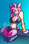 anthro bodily_fluids bottomwear bottomwear_down bra bracelet breasts cleavage clothed clothing female jewelry pants pants_around_thighs pants_down partially_clothed simple_background solo sweat sweats sweaty_breasts sweaty_legs sweaty_thighs thick_thighs thighs_together underwear birb_allegro sega sonic_the_hedgehog_(series) amy_rose eulipotyphlan hedgehog mammal absurd_res hi_res signature