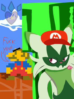 angry anthro clothing clothing_theft feral fur green_body green_fur hat headgear headwear hiding male overalls stealing text shicken_sugget64 mario_bros nintendo pokemon mario felid feline floragato generation_9_pokemon mammal pokemon_(species) 3:4 english_text hi_res
